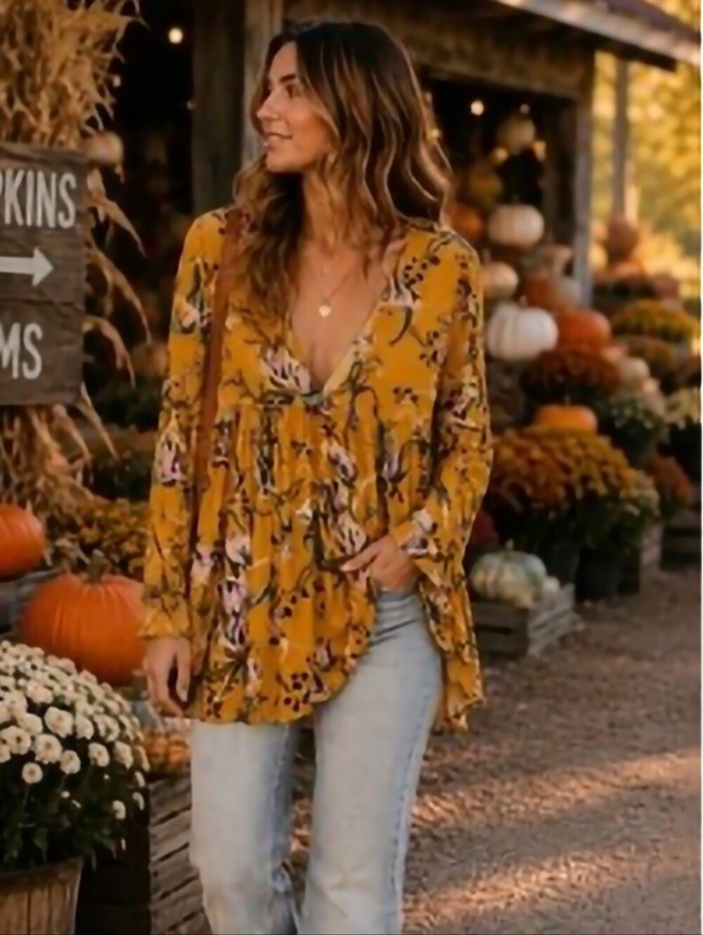 Free People XS Women's Mustard Floral V-Neck Peasant Top